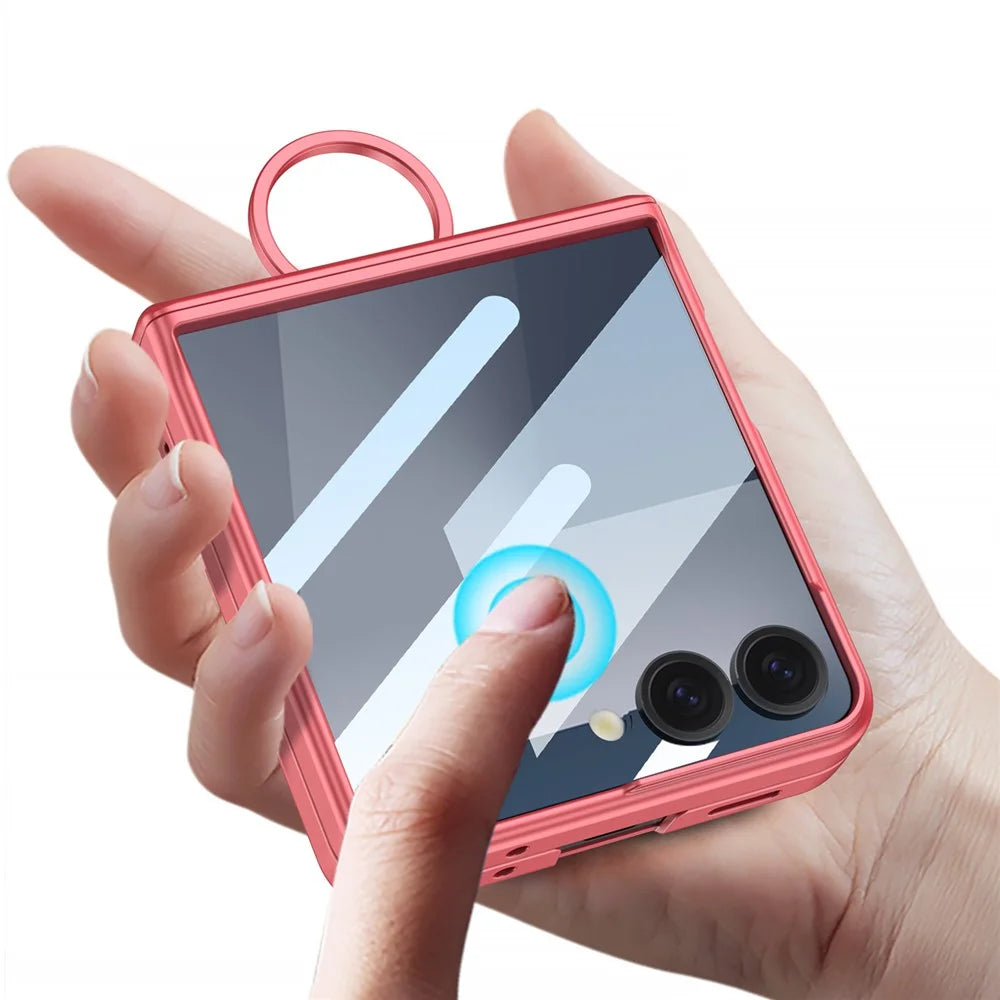 GKK For Samsung Galaxy Z Flip7 5G Case Magnetic Hinge Hard PC Phone Cover with Ring Holder / Tempered Glass Film - Green - 4