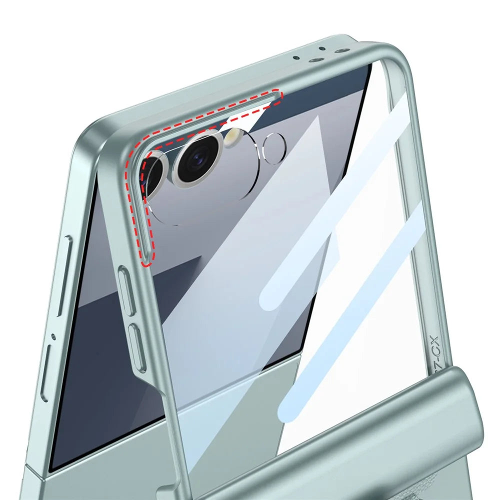 GKK For Samsung Galaxy Z Flip7 5G Case Magnetic Hinge Hard PC Phone Cover with Ring Holder / Tempered Glass Film - Green - 5