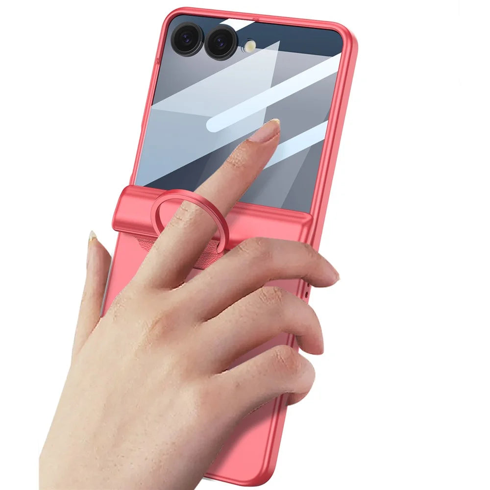 GKK For Samsung Galaxy Z Flip7 5G Case Magnetic Hinge Hard PC Phone Cover with Ring Holder / Tempered Glass Film - Green - 6