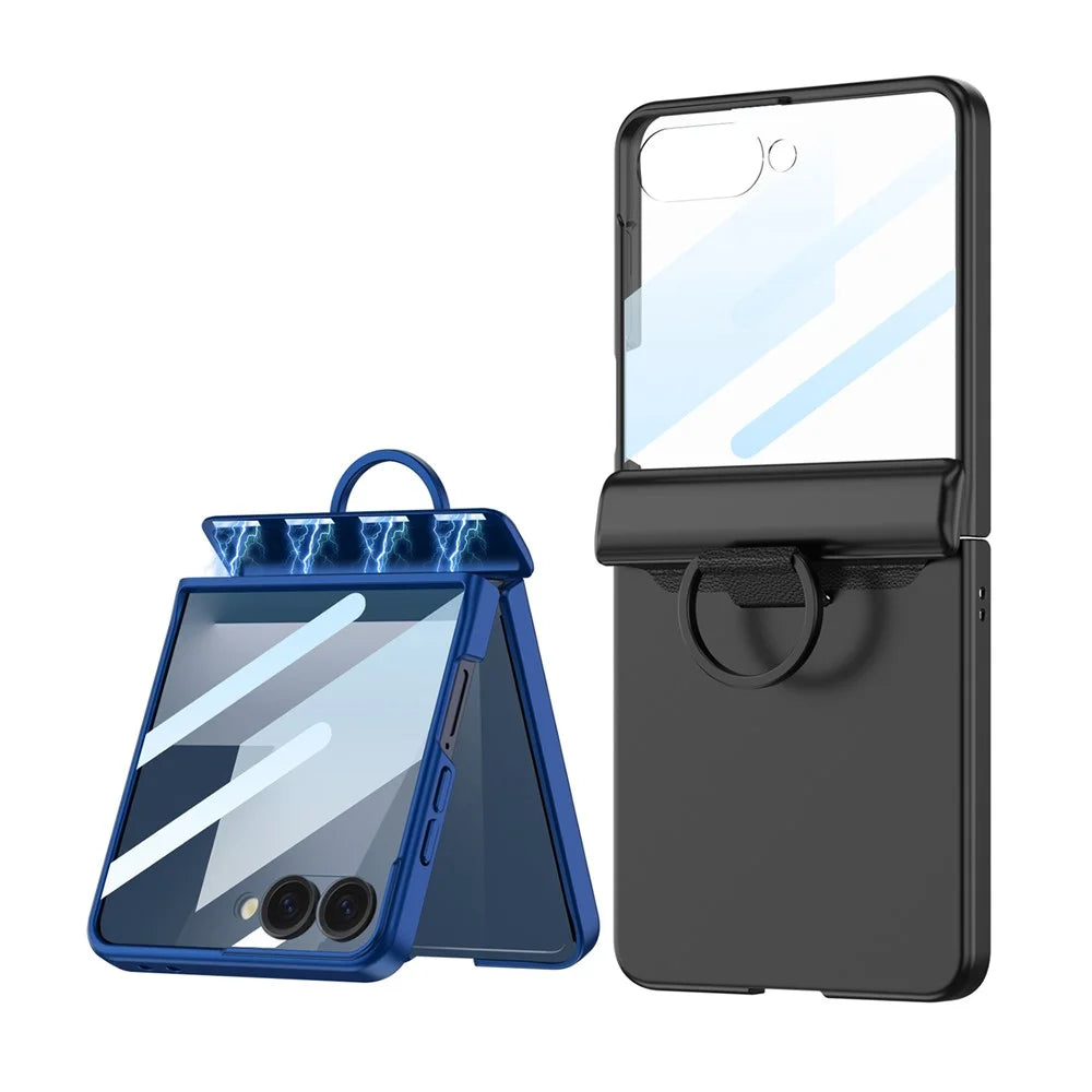 GKK For Samsung Galaxy Z Flip7 5G Case Magnetic Hinge Hard PC Phone Cover with Ring Holder / Tempered Glass Film - Green - 7