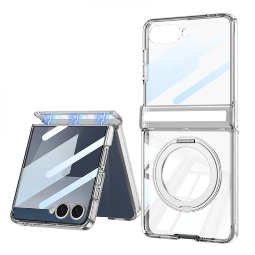 GKK For Samsung Galaxy Z Flip7 5G Case Magnetic Hinge Rotating Kickstand Airbag Hard PC Phone Cover with Screen Protector - Transparent - 1