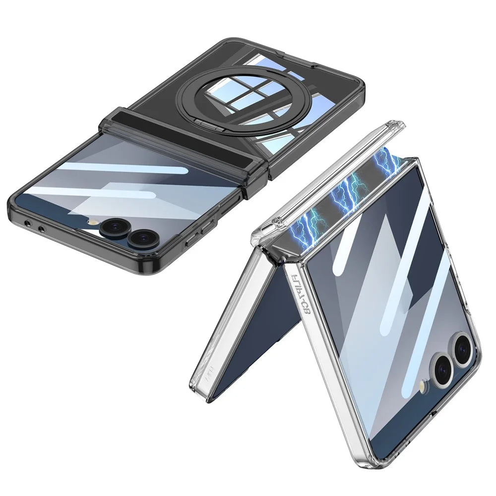 GKK For Samsung Galaxy Z Flip7 5G Case Magnetic Hinge Rotating Kickstand Airbag Hard PC Phone Cover with Screen Protector - Transparent - 2