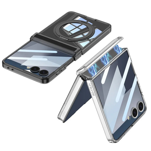 GKK For Samsung Galaxy Z Flip7 5G Case Magnetic Hinge Rotating Kickstand Airbag Hard PC Phone Cover with Screen Protector - Transparent - 2