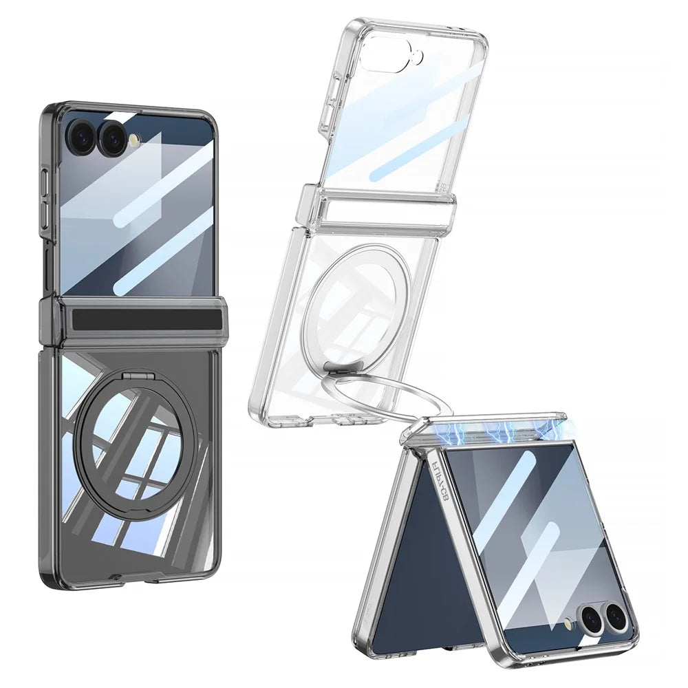 GKK For Samsung Galaxy Z Flip7 5G Case Magnetic Hinge Rotating Kickstand Airbag Hard PC Phone Cover with Screen Protector - Transparent - 3