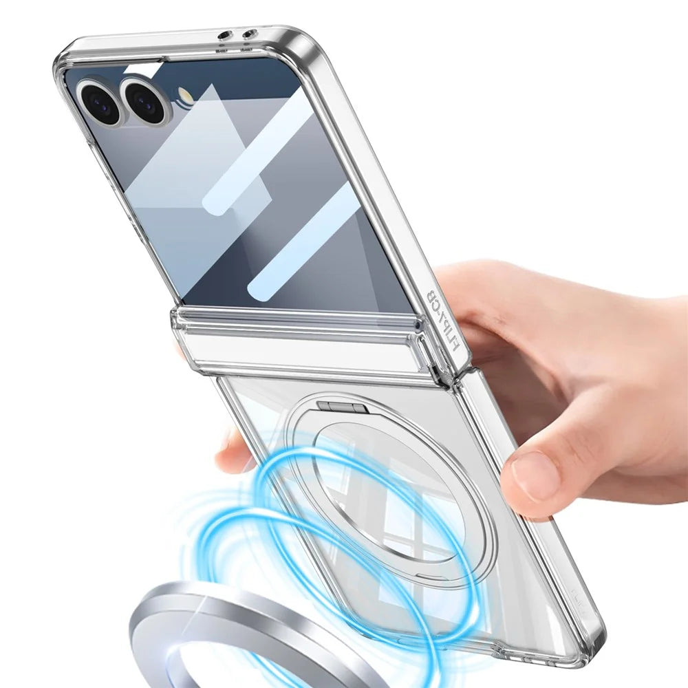 GKK For Samsung Galaxy Z Flip7 5G Case Magnetic Hinge Rotating Kickstand Airbag Hard PC Phone Cover with Screen Protector - Transparent - 5