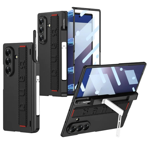 GKK For Samsung Galaxy Z Fold7 5G Case Magnetic Hinge Hard PC Phone Case with Hand Strap / Tempered Glass Film - Carbon Fiber Texture - 1