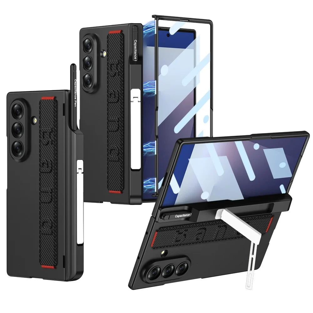 GKK For Samsung Galaxy Z Fold7 5G Case Magnetic Hinge Hard PC Phone Case with Hand Strap / Tempered Glass Film - Carbon Fiber Texture - 1