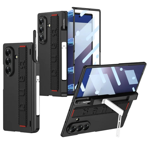 GKK For Samsung Galaxy Z Fold7 5G Case Magnetic Hinge Hard PC Phone Case with Hand Strap / Tempered Glass Film - Carbon Fiber Texture - 1