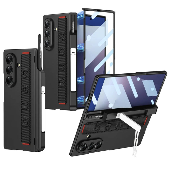 GKK For Samsung Galaxy Z Fold7 5G Case Magnetic Hinge Hard PC Phone Case with Hand Strap / Tempered Glass Film - Carbon Fiber Texture - 1