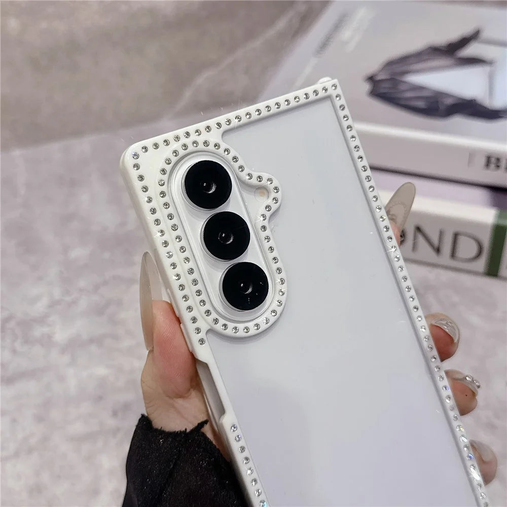 For Samsung Galaxy Z Fold7 5G Case PC TPU Clear Phone Cover with Rhinestone Edge - White - 5