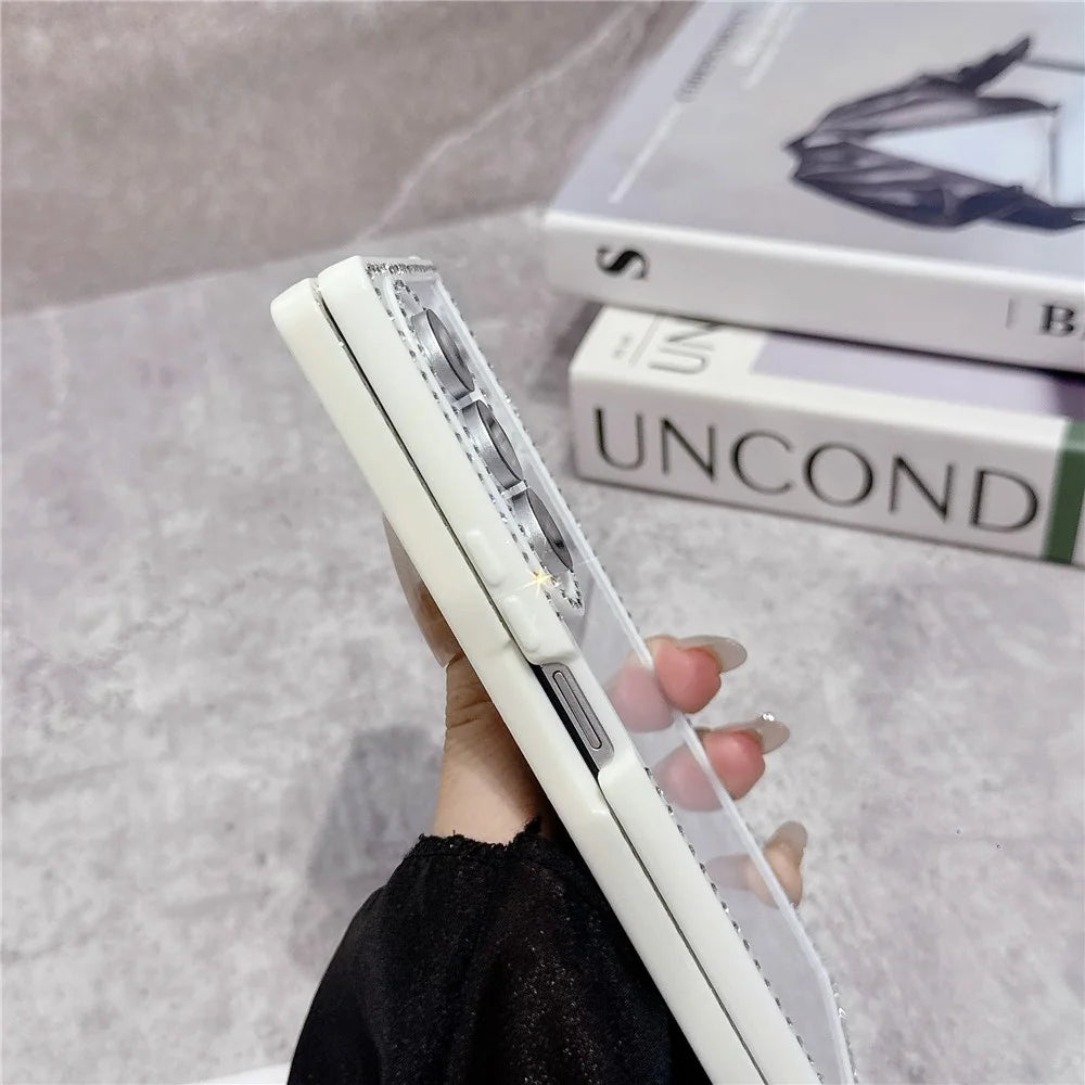 For Samsung Galaxy Z Fold7 5G Case PC TPU Clear Phone Cover with Rhinestone Edge - White - 6