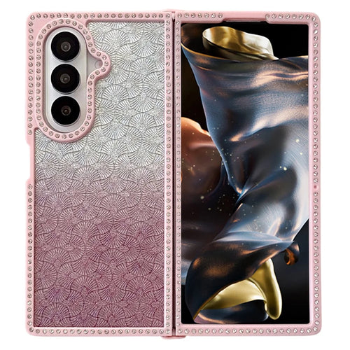 For Samsung Galaxy Z Fold7 5G Case Rhinestone Edge PC + TPU Clear Phone Cover with Glitter Paper - Gradient Pink Glitter / Pink Edge - 1