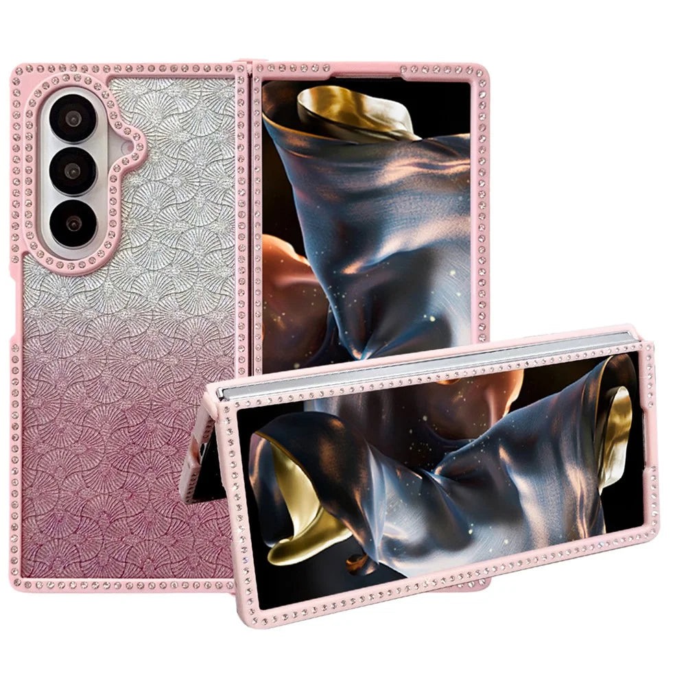 For Samsung Galaxy Z Fold7 5G Case Rhinestone Edge PC + TPU Clear Phone Cover with Glitter Paper - Gradient Pink Glitter / Pink Edge - 2