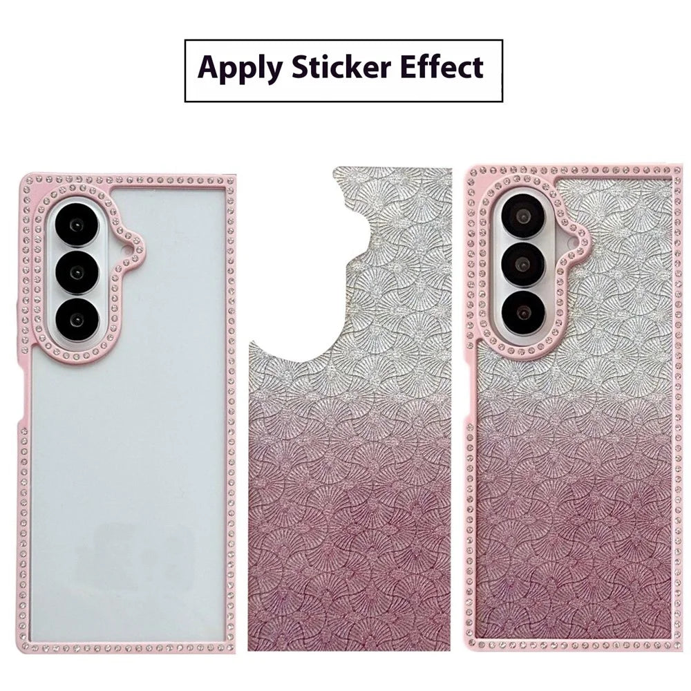 For Samsung Galaxy Z Fold7 5G Case Rhinestone Edge PC + TPU Clear Phone Cover with Glitter Paper - Gradient Pink Glitter / Pink Edge - 3