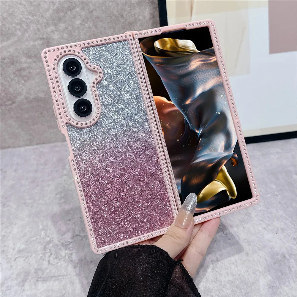 For Samsung Galaxy Z Fold7 5G Case Rhinestone Edge PC + TPU Clear Phone Cover with Glitter Paper - Gradient Pink Glitter / Pink Edge - 4
