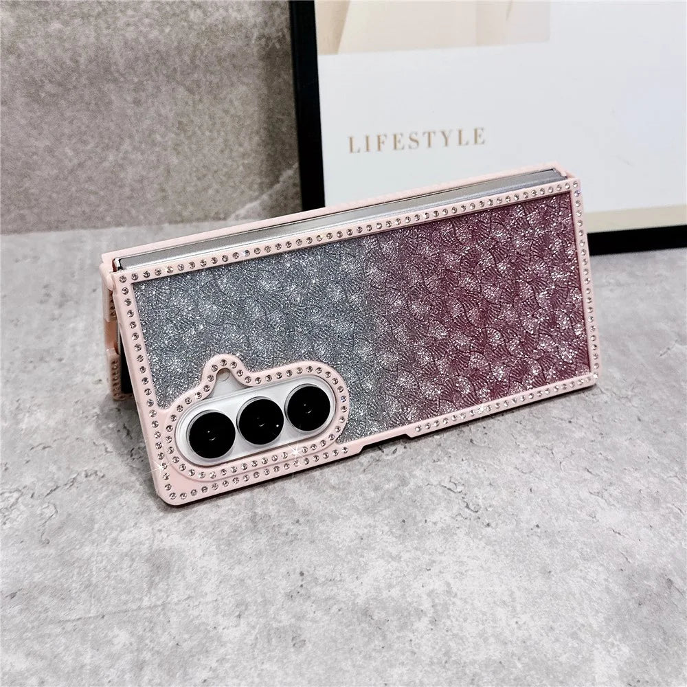 For Samsung Galaxy Z Fold7 5G Case Rhinestone Edge PC + TPU Clear Phone Cover with Glitter Paper - Gradient Pink Glitter / Pink Edge - 5