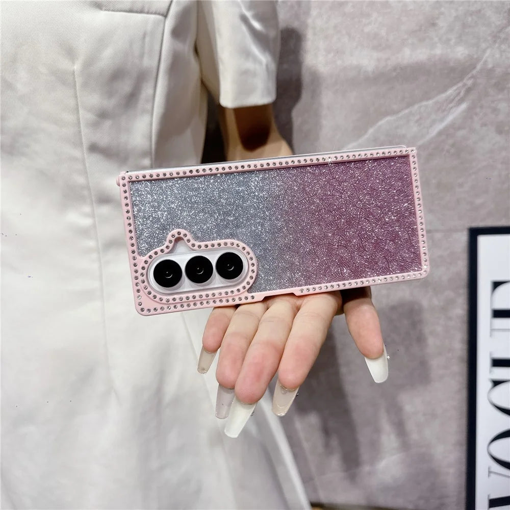 For Samsung Galaxy Z Fold7 5G Case Rhinestone Edge PC + TPU Clear Phone Cover with Glitter Paper - Gradient Pink Glitter / Pink Edge - 6
