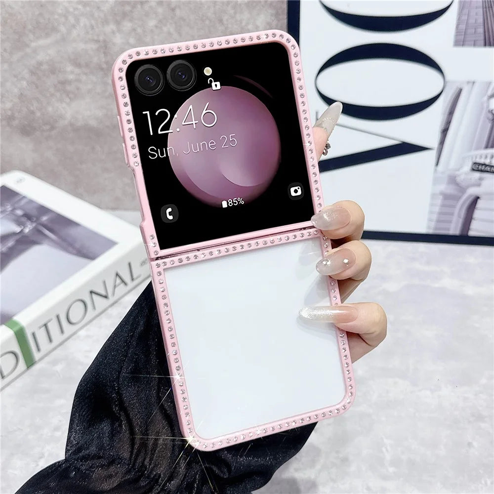 For Samsung Galaxy Z Flip7 5G Case PC TPU Clear Phone Cover with Rhinestone Edge - Pink - 3