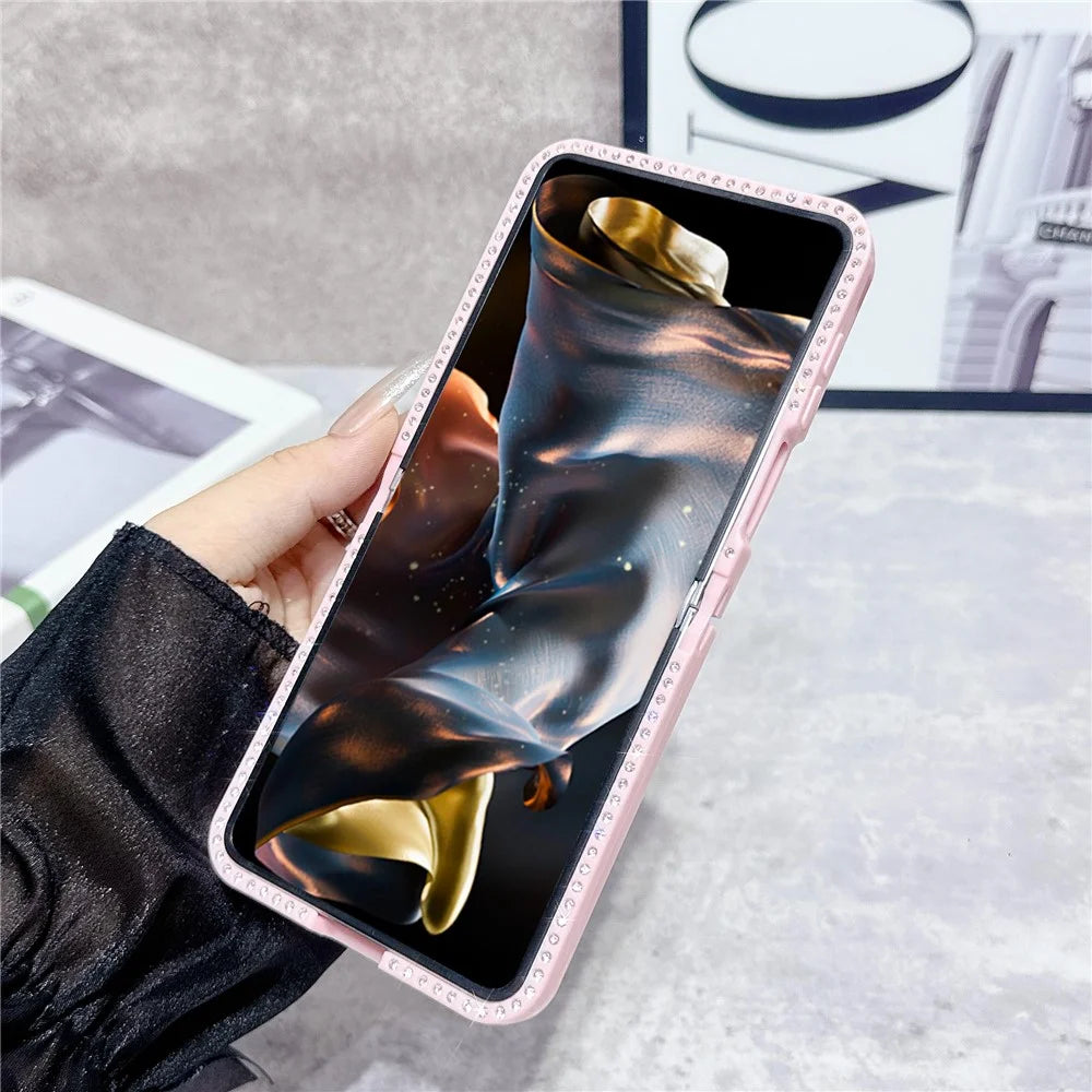 For Samsung Galaxy Z Flip7 5G Case PC TPU Clear Phone Cover with Rhinestone Edge - Pink - 6