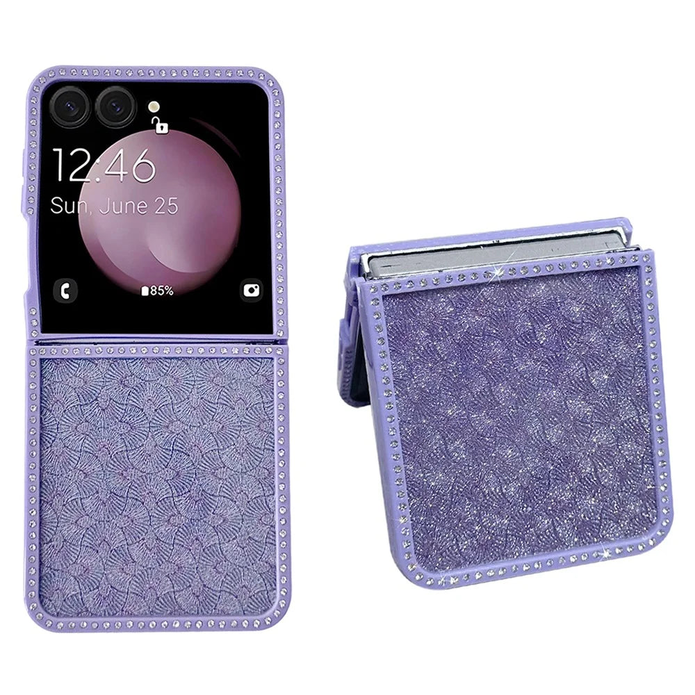 For Samsung Galaxy Z Flip7 5G Case Rhinestone Edge PC + TPU Clear Phone Cover with Glitter Paper - Purple Glitter / Purple Edge - 1