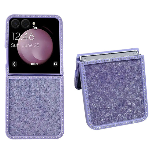 For Samsung Galaxy Z Flip7 5G Case Rhinestone Edge PC + TPU Clear Phone Cover with Glitter Paper - Purple Glitter / Purple Edge - 1