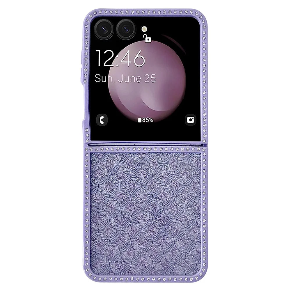 For Samsung Galaxy Z Flip7 5G Case Rhinestone Edge PC + TPU Clear Phone Cover with Glitter Paper - Purple Glitter / Purple Edge - 2