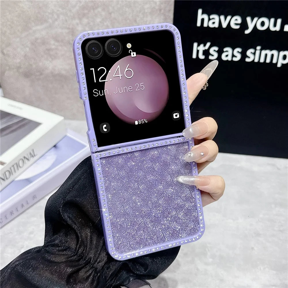 For Samsung Galaxy Z Flip7 5G Case Rhinestone Edge PC + TPU Clear Phone Cover with Glitter Paper - Purple Glitter / Purple Edge - 3