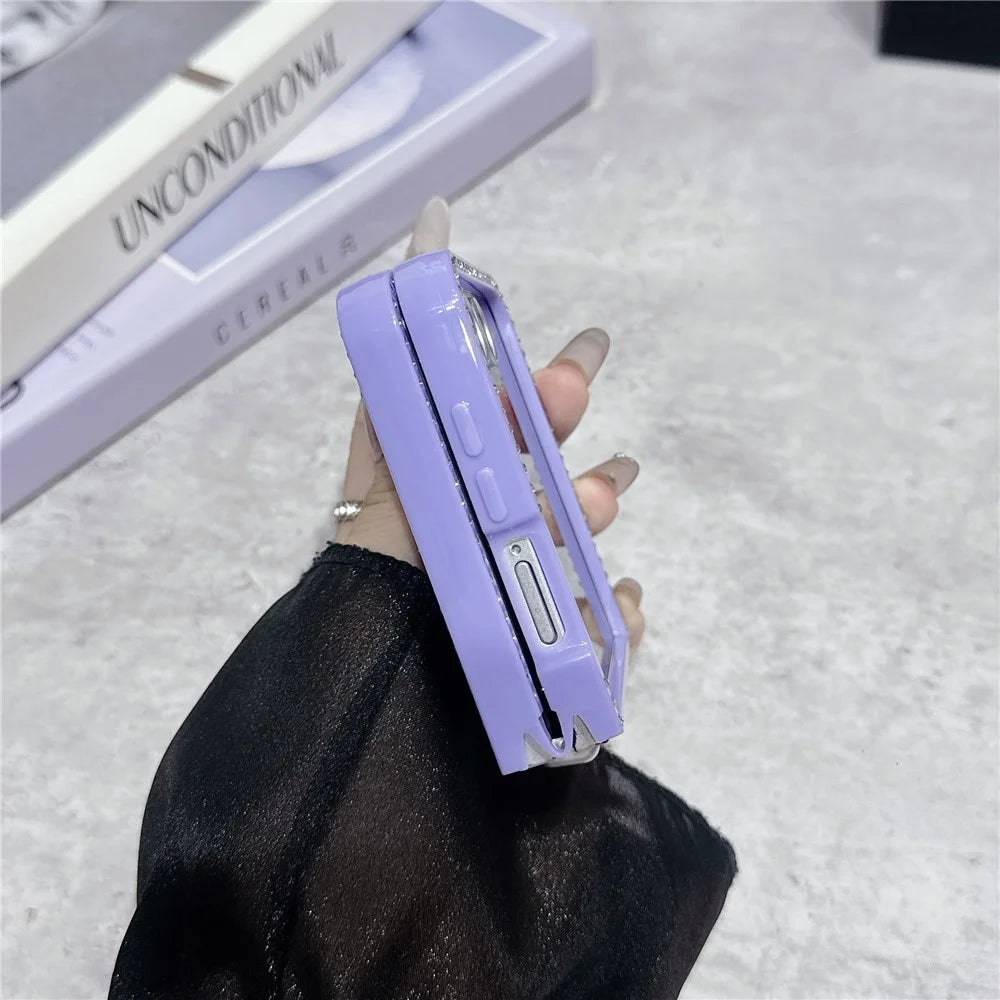 For Samsung Galaxy Z Flip7 5G Case Rhinestone Edge PC + TPU Clear Phone Cover with Glitter Paper - Purple Glitter / Purple Edge - 6