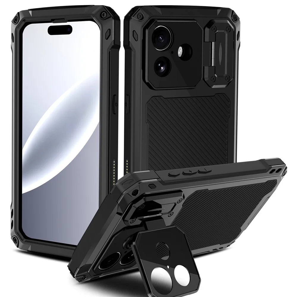For iPhone 17 Case Aluminum Alloy + Silicone Lens Kickstand Phone Cover with Tempered Glass Film - Black - 1