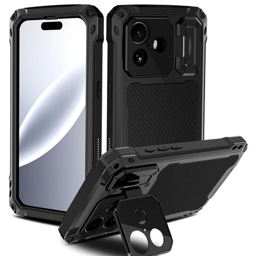 For iPhone 17 Case Aluminum Alloy + Silicone Lens Kickstand Phone Cover with Tempered Glass Film - Black - 1
