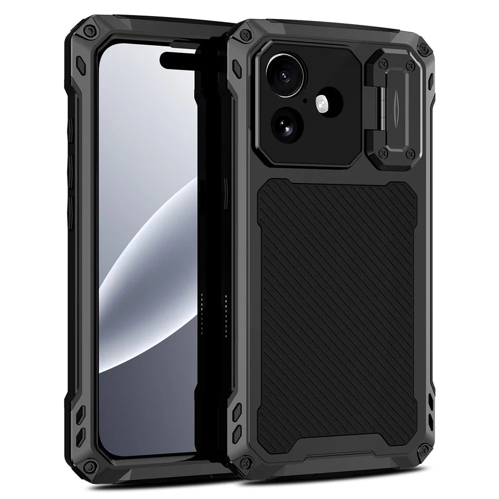 For iPhone 17 Case Aluminum Alloy + Silicone Lens Kickstand Phone Cover with Tempered Glass Film - Black - 2