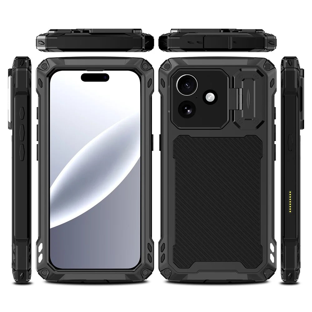 For iPhone 17 Case Aluminum Alloy + Silicone Lens Kickstand Phone Cover with Tempered Glass Film - Black - 3