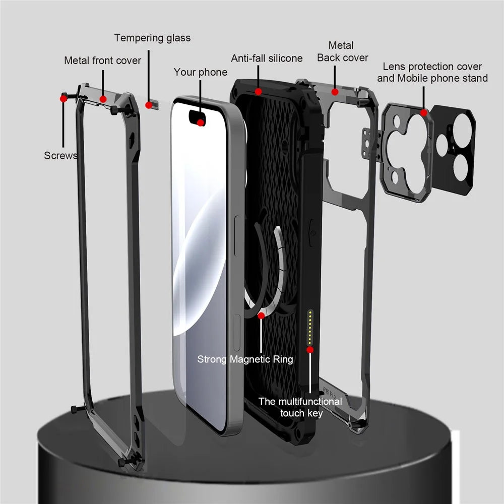 For iPhone 17 Case Aluminum Alloy + Silicone Lens Kickstand Phone Cover with Tempered Glass Film - Black - 4