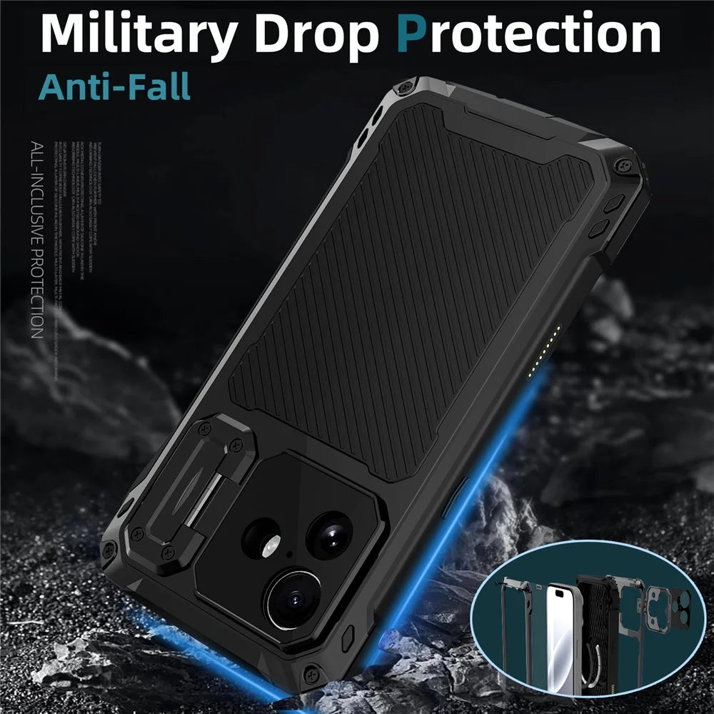 For iPhone 17 Case Aluminum Alloy + Silicone Lens Kickstand Phone Cover with Tempered Glass Film - Black - 6