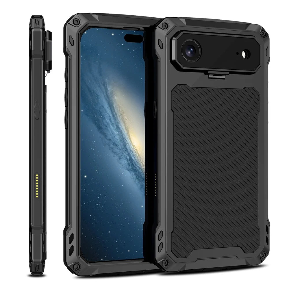For iPhone Air Case Aluminum Alloy + Silicone Lens Kickstand Phone Cover with Tempered Glass Film - Black - 1
