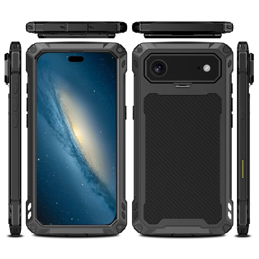For iPhone Air Case Aluminum Alloy + Silicone Lens Kickstand Phone Cover with Tempered Glass Film - Black - 2