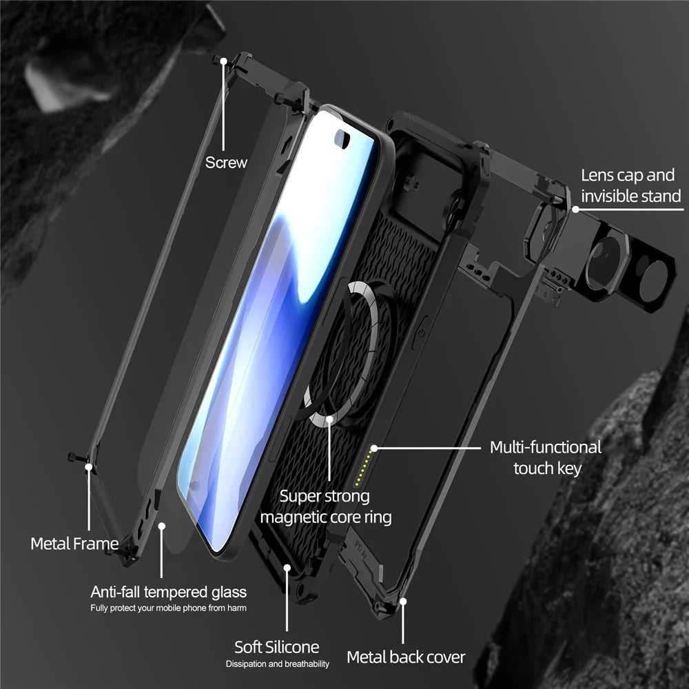 For iPhone Air Case Aluminum Alloy + Silicone Lens Kickstand Phone Cover with Tempered Glass Film - Black - 4