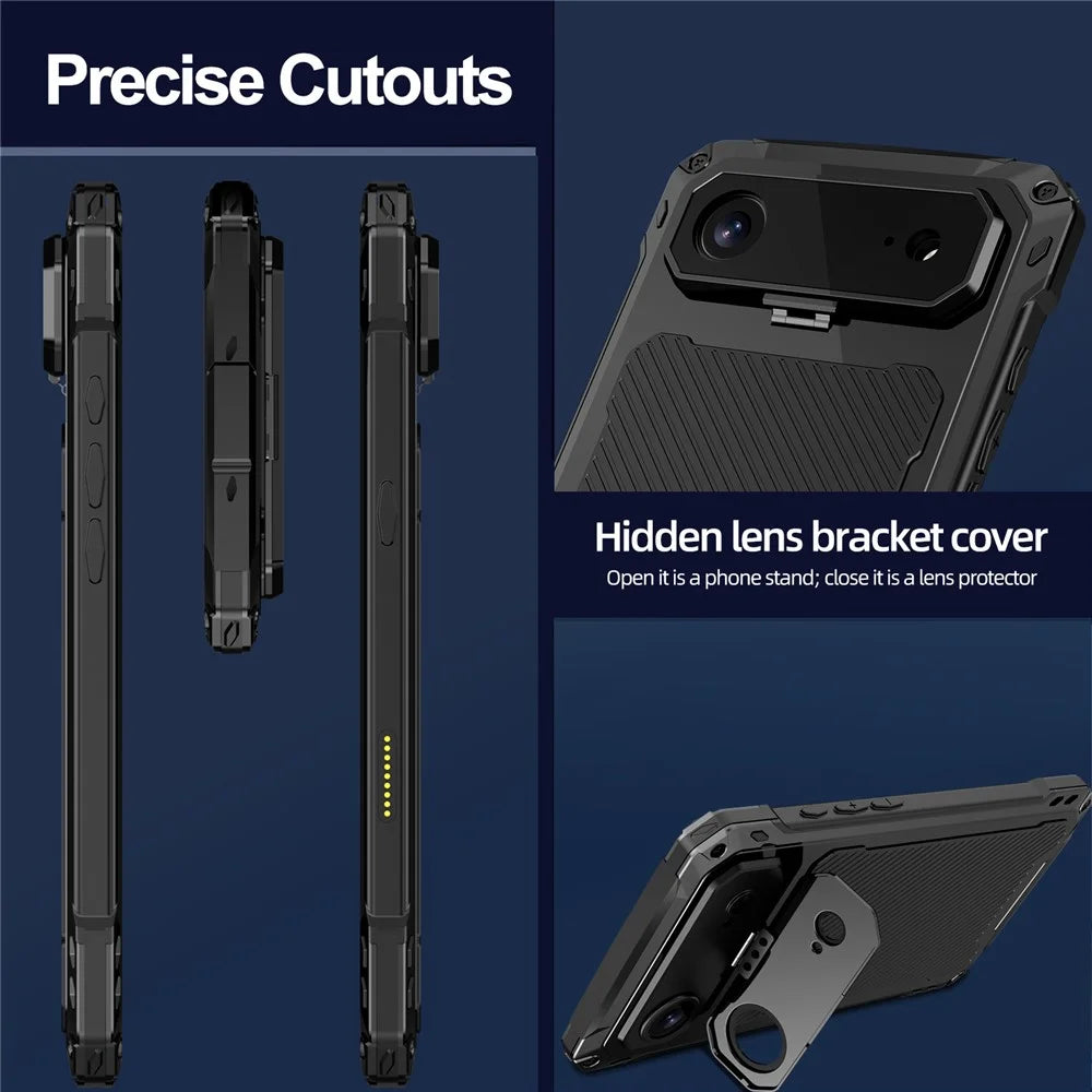 For iPhone Air Case Aluminum Alloy + Silicone Lens Kickstand Phone Cover with Tempered Glass Film - Black - 6
