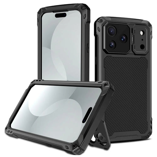 For iPhone 17 Pro Max Case Aluminum Alloy + Silicone Lens Kickstand Phone Cover with Tempered Glass Film - Black - 1