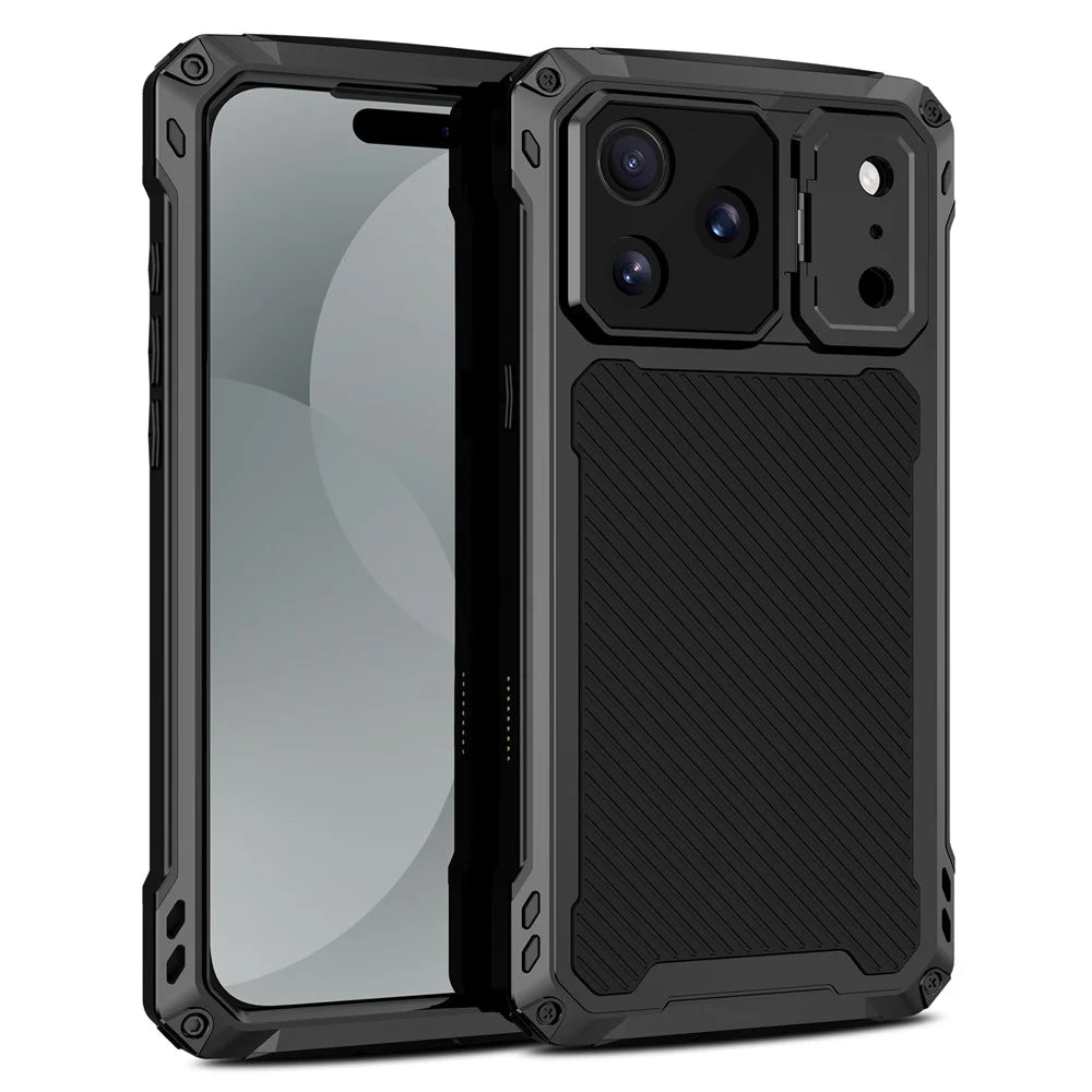 For iPhone 17 Pro Max Case Aluminum Alloy + Silicone Lens Kickstand Phone Cover with Tempered Glass Film - Black - 2