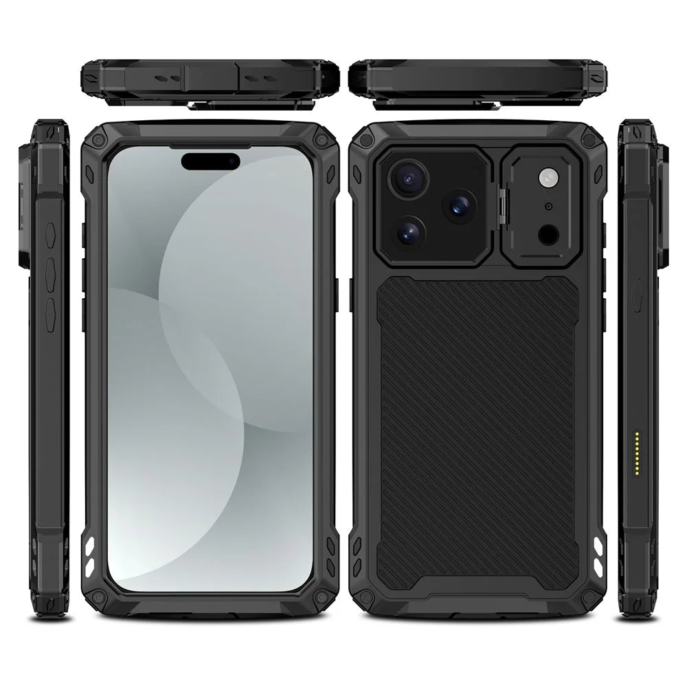 For iPhone 17 Pro Max Case Aluminum Alloy + Silicone Lens Kickstand Phone Cover with Tempered Glass Film - Black - 3