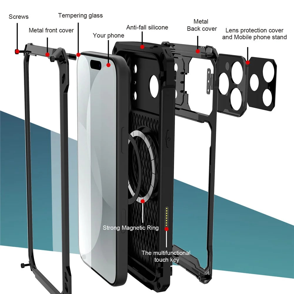 For iPhone 17 Pro Max Case Aluminum Alloy + Silicone Lens Kickstand Phone Cover with Tempered Glass Film - Black - 4