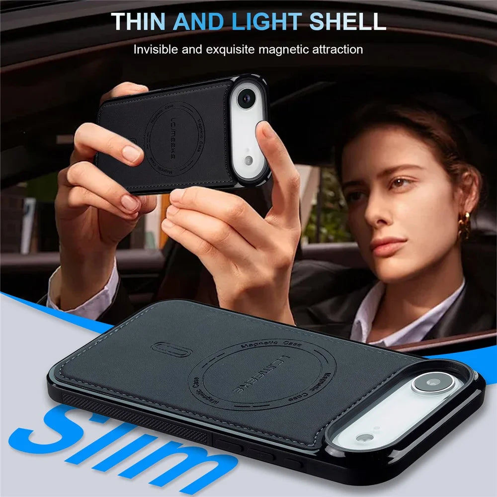 LC.IMEEKE L6 For iPhone Air Case PU Leather Coated PC TPU Phone Cover Compatible with MagSafe - Black - 6