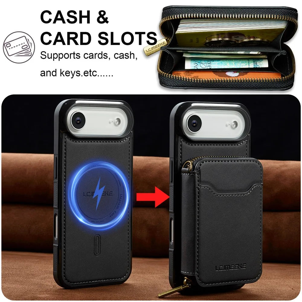 LC.IMEEKE L6 For iPhone Air Magnetic Case Detachable Zipper Wallet Leather Coated PC + TPU Phone Cover - Black - 6