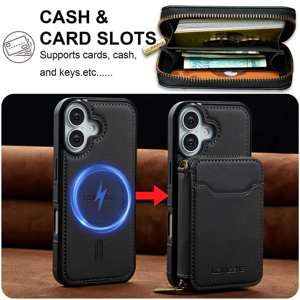 LC.IMEEKE L6 For iPhone 17 Magnetic Case Detachable Zipper Wallet Leather Coated PC + TPU Phone Cover - Black - 6