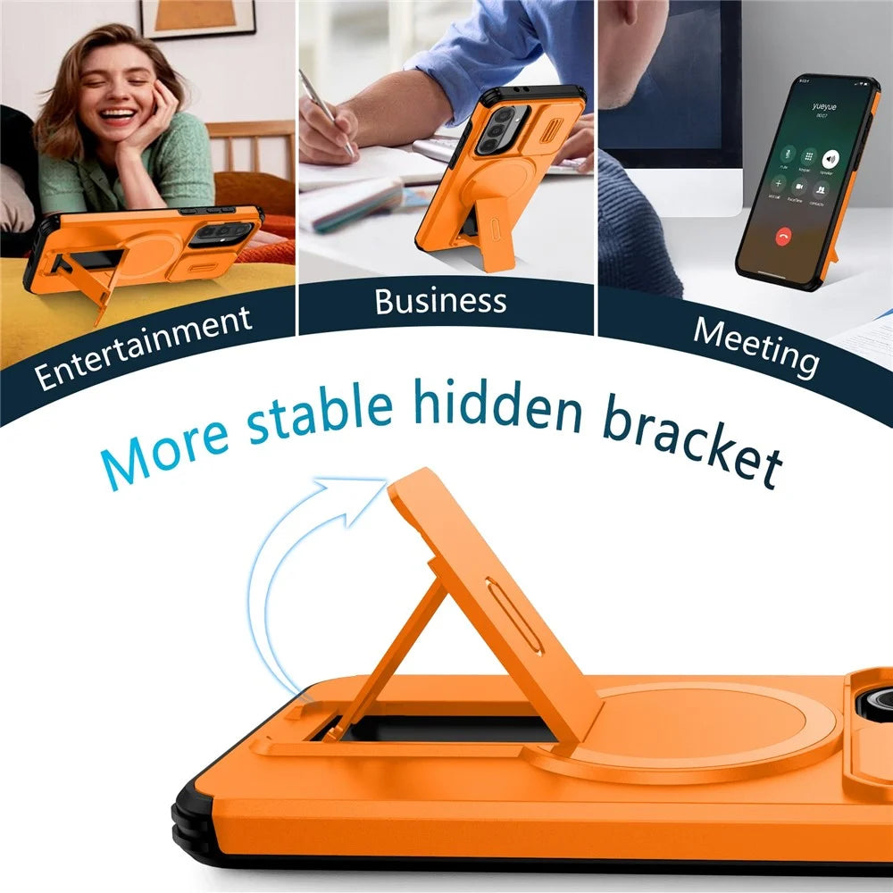 For Samsung Galaxy A37 5G / A56 5G / A36 5G Case Kickstand Camera Slider PC + TPU Phone Cover Magnetic Case - Orange - 4