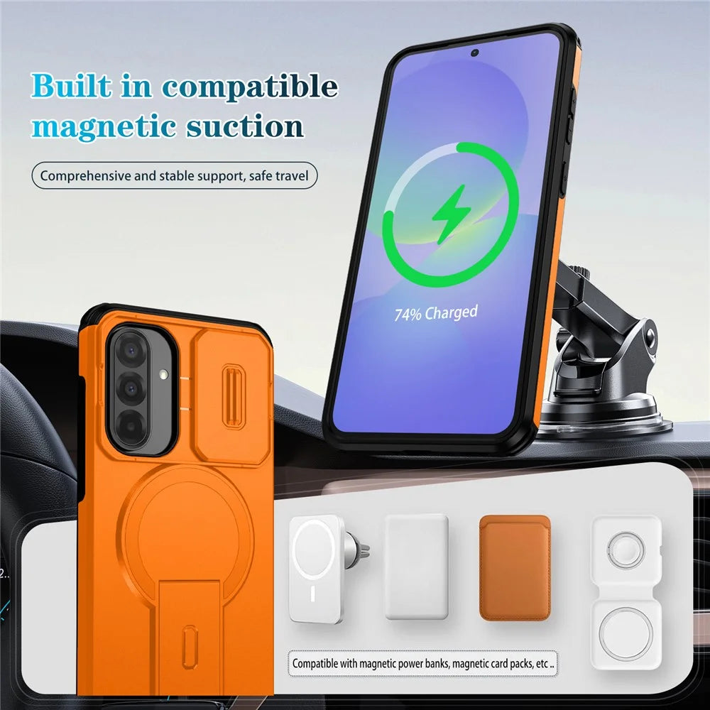 For Samsung Galaxy A37 5G / A56 5G / A36 5G Case Kickstand Camera Slider PC + TPU Phone Cover Magnetic Case - Orange - 7