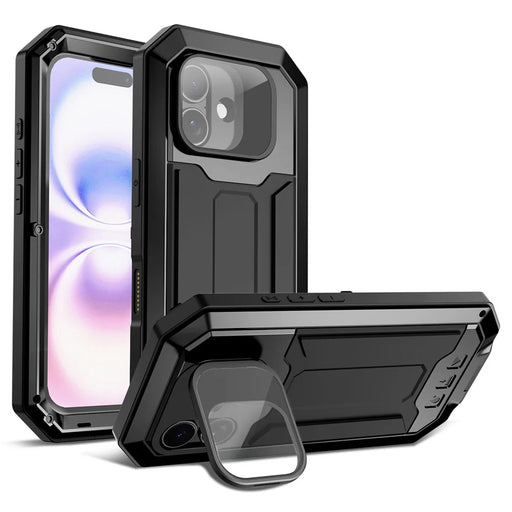 R-JUST For iPhone 17 Case PC + Silicone + Metal Back Cover with Tempered Glass Film - Black - 1