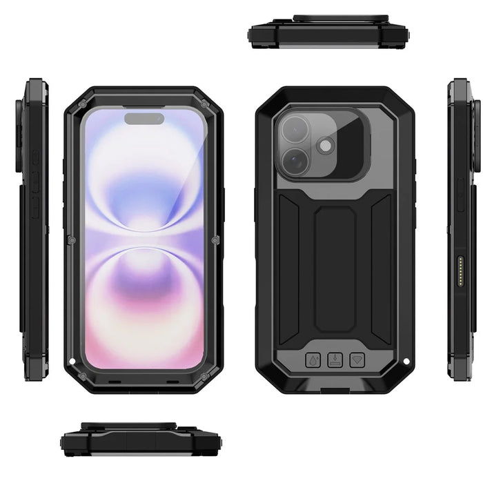 R-JUST For iPhone 17 Case PC + Silicone + Metal Back Cover with Tempered Glass Film - Black - 4