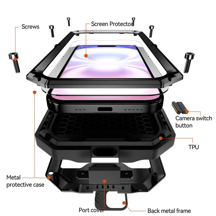 R-JUST For iPhone 17 Case PC + Silicone + Metal Back Cover with Tempered Glass Film - Black - 5